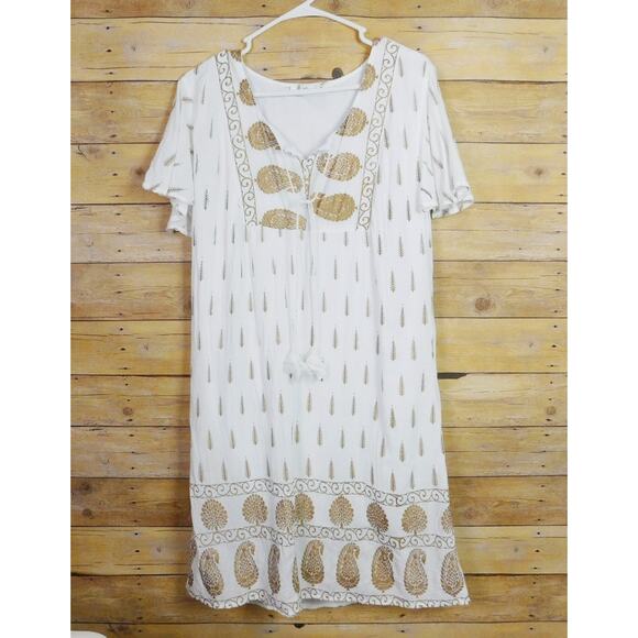 Lapogee Dress XL White Copper Paisley Short Sleeve Tassle V-Neck Boho - Picture 1 of 6